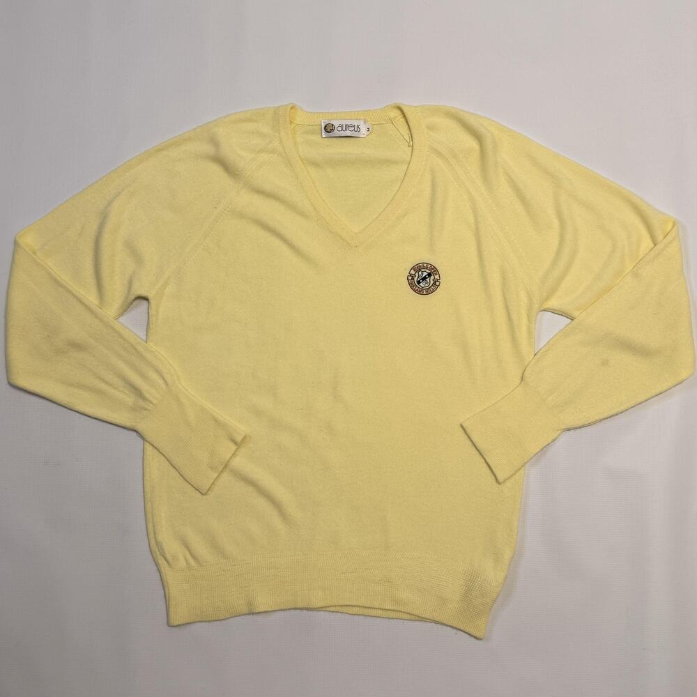 Vintage Aureus Sweater Pullover Mens Medium Yellow V-Neck Acrylic Patch 90s